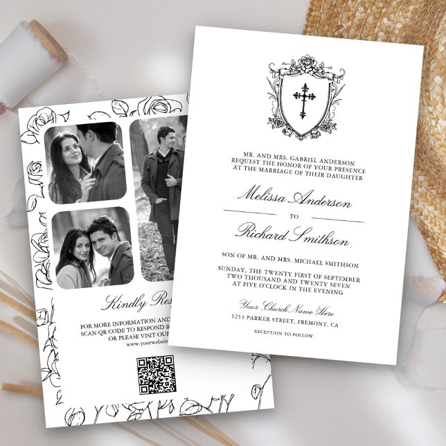 Convites Casamento Católico Vitoriano Preto e Branco com Có (Criador carregado)