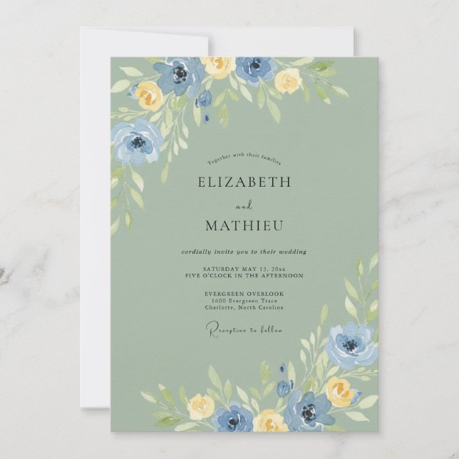 Convites Casamento Celadon Azul Ranunculus Poeira de Eucali (Frente)