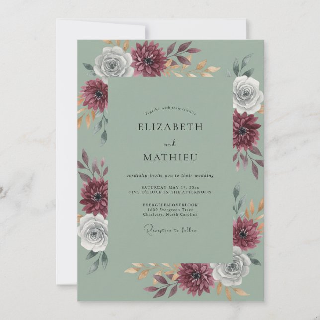 Convites Casamento Celadon Maroon Dahlia (Frente)