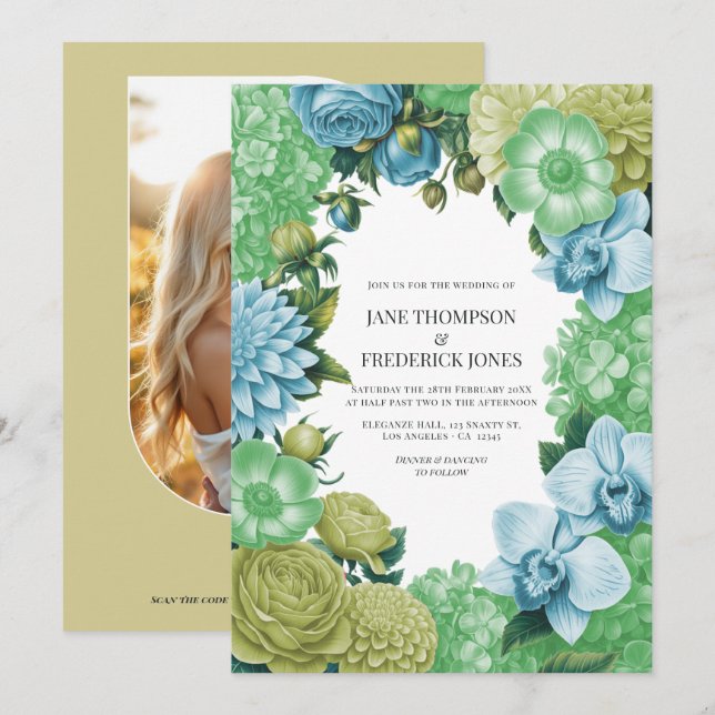 Convites Casamento Celadon Mist, Soft Fern & Porcelain Blue (Frente/Verso)