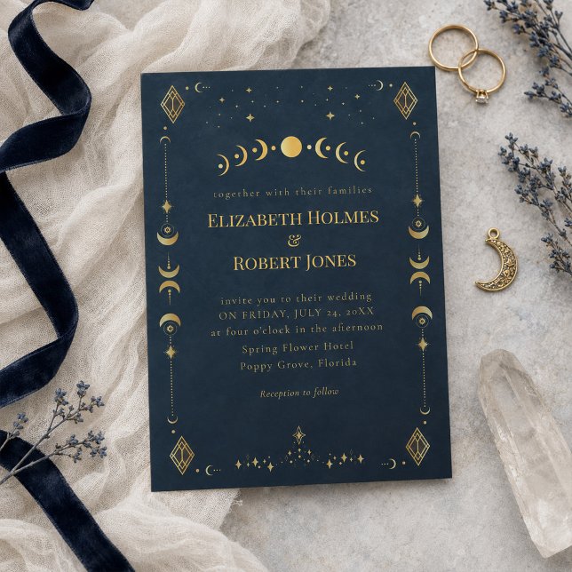 Convites Casamento Céleste Gótico Meia-Noite Azul Dourado (Celestial Gothic Midnight Blue Gold Wedding Invitation)