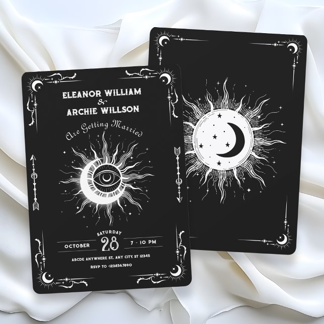 Convites Casamento celeste tarot lua sol preto e branco (Criador carregado)