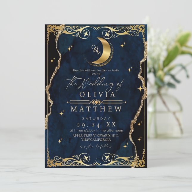 Convites Casamento Celestial Azul e Dourado Foto Casamento (Em pé/Frente)