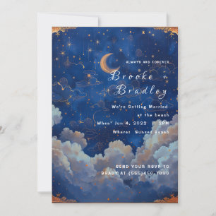 Convites Casamento Celestial Azul Escuro e Dourado