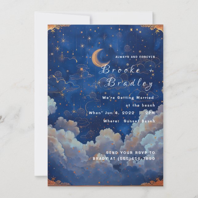 Convites Casamento Celestial Azul Escuro e Dourado (Frente)