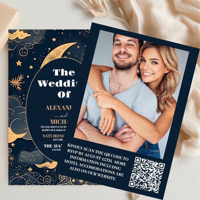 Convites Casamento Celestial Azul Meia-Noite Dourado Foto (Criador carregado)