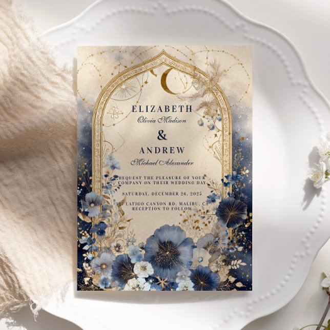 Convites Casamento Celestial Azul Meia-Noite e Dourado (Criador carregado)