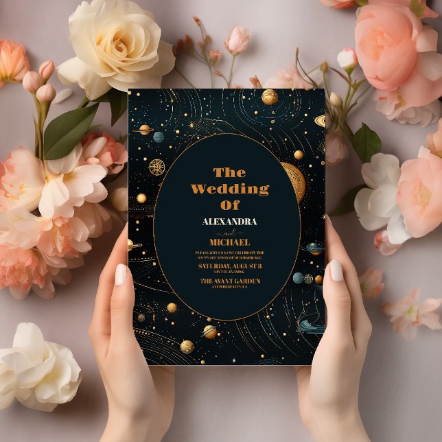 Convites Casamento Celestial Azul Místico Dourado à Meia-No (Criador carregado)