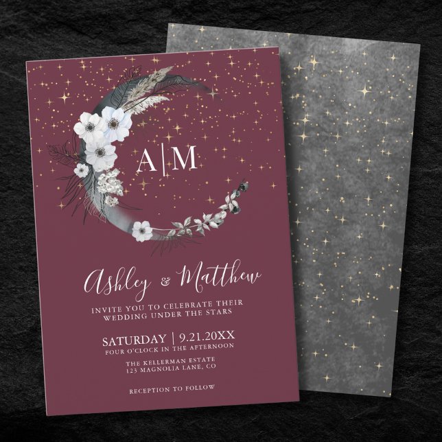 Convites Casamento Celestial da Lua Dourada da Borgonha (Burgundy Gold Moon Celestial Wedding Invitation )