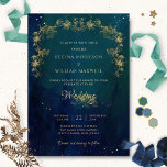 Convites Casamento Celestial de Sonho de Noite de Médio Azu<br><div class="desc">Aprecie seus convidados com este elegante e único convite de casamento celestial estrelado com marinho azul lindo e fundo celestial verde com estrelas delicadas e delicadas terras botânicas mascaradas em matizes ouros. Capacidade de alterar e personalizar todas as seções de texto para atender às suas necessidades. Fácil de preencher modelo....</div>