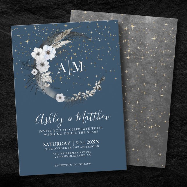 Convites Casamento Celestial do Ouro Azul (Blue Gold Moon Celestial Wedding Invitation)