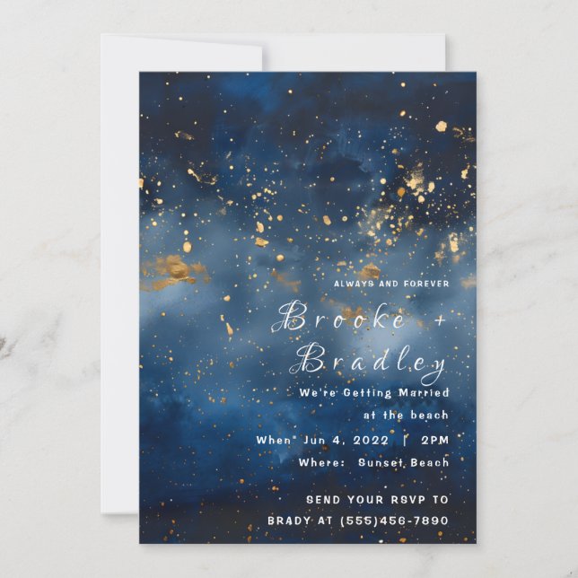 Convites Casamento Celestial Dourado à Meia-Noite (Frente)