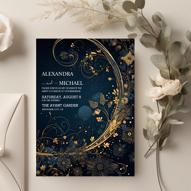Convites Casamento Celestial Dourado Azul Místico Meia-Noit (Criador carregado)