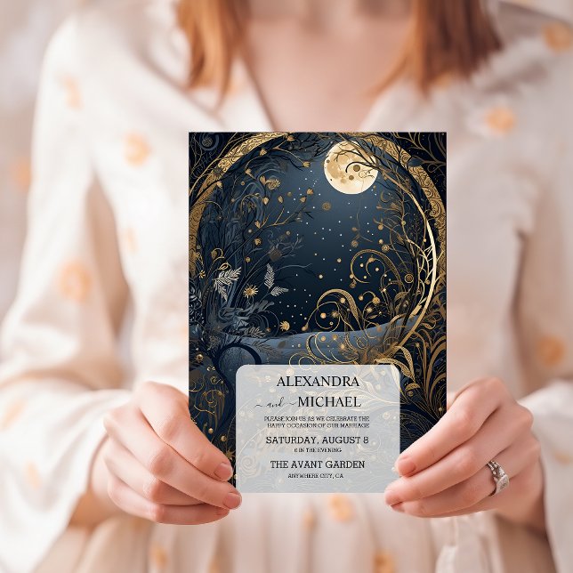 Convites Casamento Celestial Dourado Azul Místico Meia-Noit (Criador carregado)