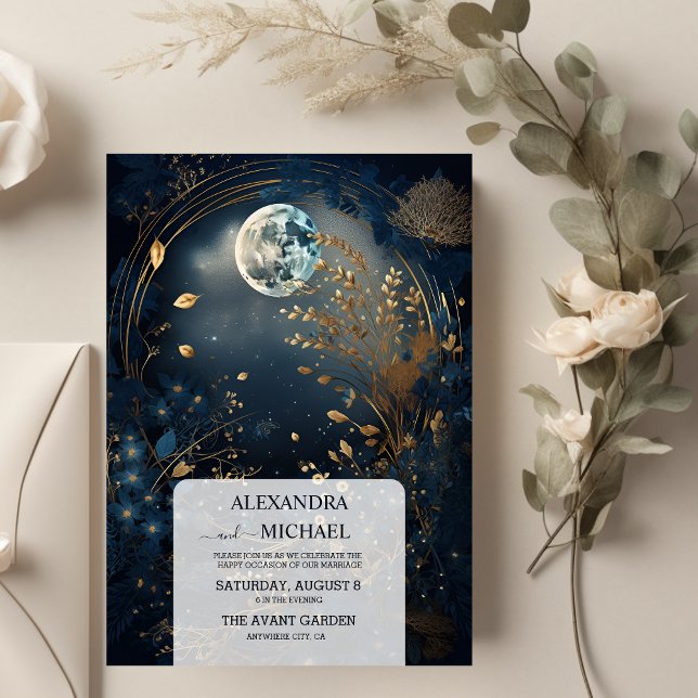 Convites Casamento Celestial Dourado Azul Místico Meia-Noit (Criador carregado)
