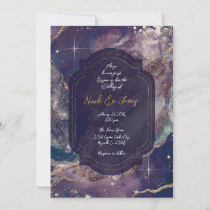 Convites Casamento Celestial Dourado de Berry Blue Watercol