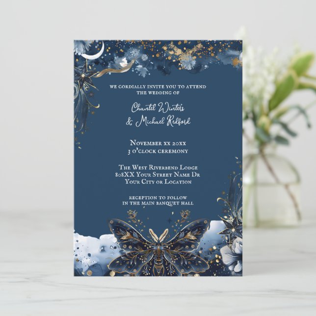 Convites Casamento Celestial Dourado e Azul Naval (Em pé/Frente)