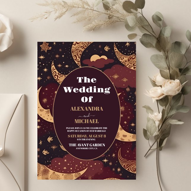 Convites Casamento Celestial Dourado Elegante Burgundy (Criador carregado)