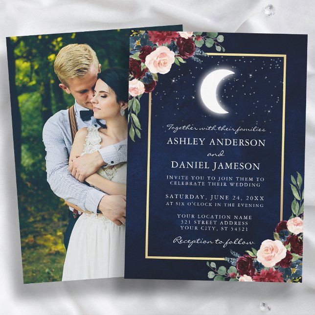 Convites Casamento Celestial Dourado Lua Estrelas Foto  (Customize to change text size or text style.)