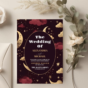 Convites Casamento Celestial Elegante Burgundy Dourado