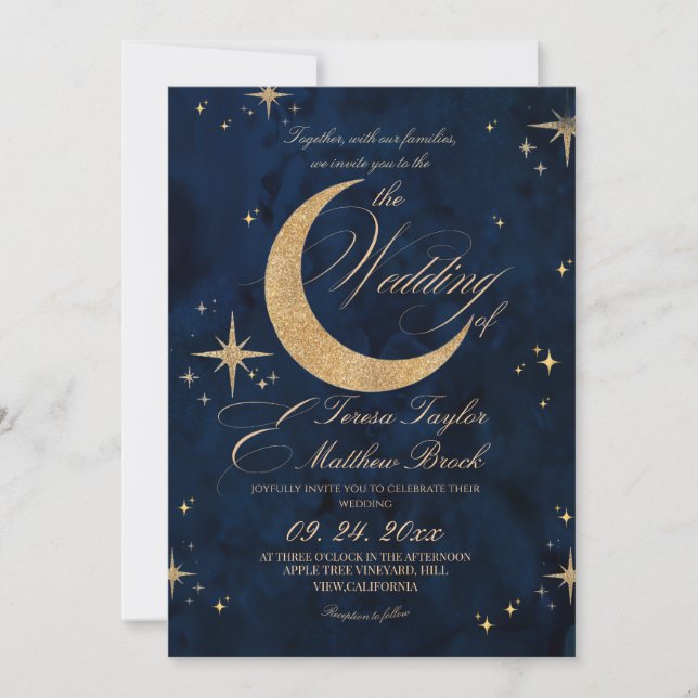 Convites Casamento Celestial Elegante em Ouro & Azul  (Frente)