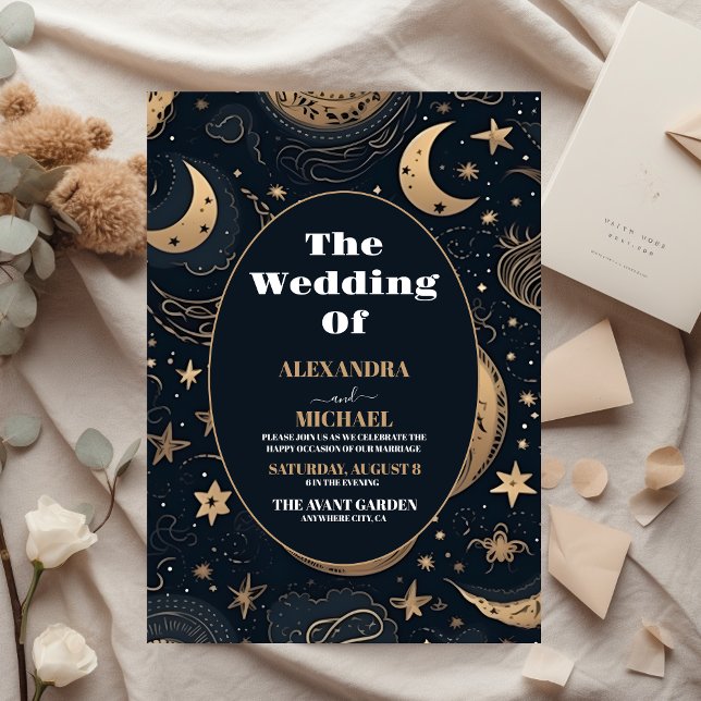 Convites Casamento Celestial em Azul Meia-Noite Dourado (Criador carregado)
