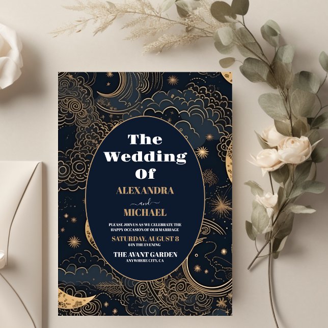 Convites Casamento Celestial em Azul Meia-Noite Dourado (Criador carregado)