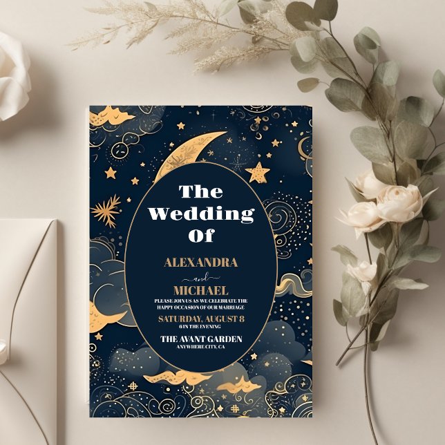 Convites Casamento Celestial em Azul Meia-Noite Dourado (Criador carregado)