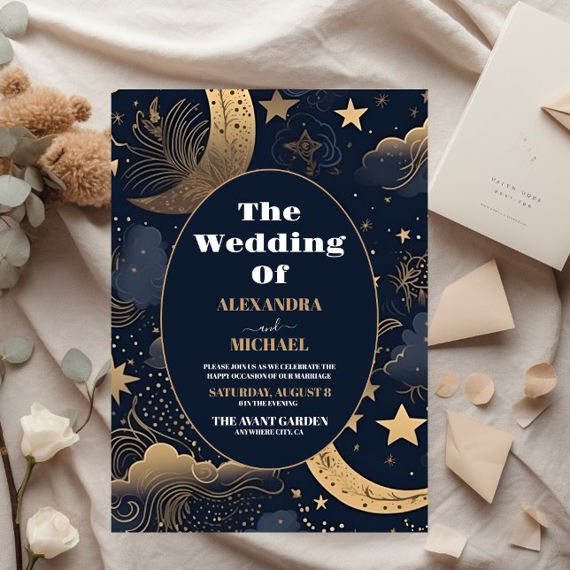 Convites Casamento Celestial em Azul Meia-Noite Dourado (Criador carregado)
