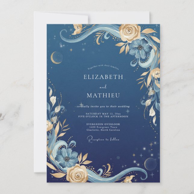 Convites Casamento Celestial Eucalipto Dourado da Meia-Noit (Frente)