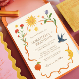Convites Casamento Celestial Folk pintado à mão