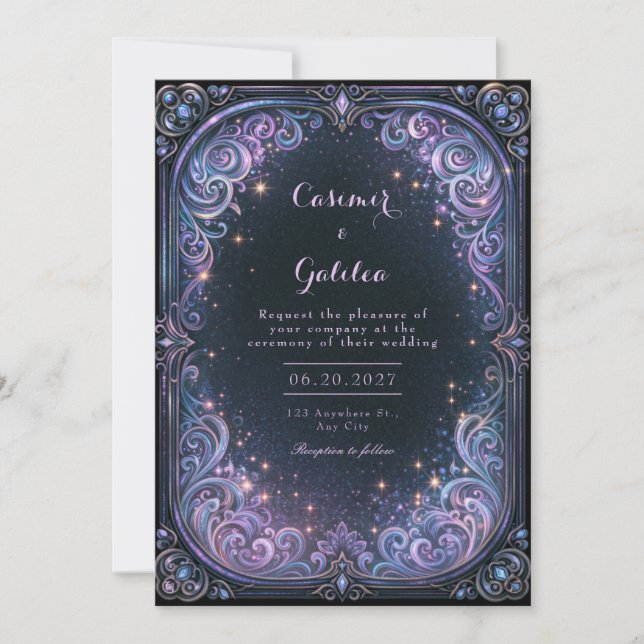 Convites Casamento Celestial Lavanda à Meia-Noite (Frente)