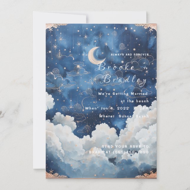 Convites Casamento Celestial Lua Azul Escuro e Nuvem (Frente)