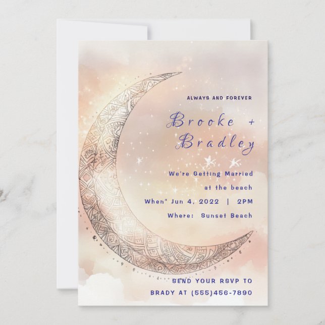 Convites Casamento Celestial Lua Crescente Pastel (Frente)