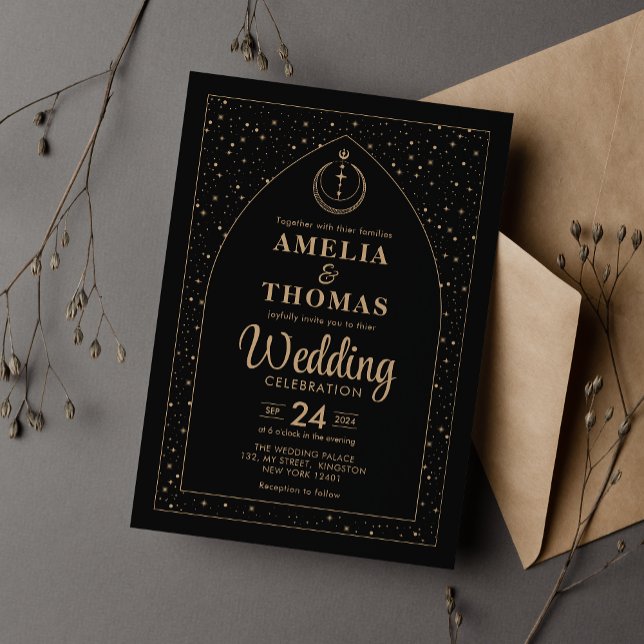Convites Casamento Celestial Lua e Estrela Arco Preto e Dou (Criador carregado)