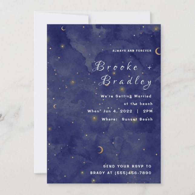 Convites Casamento Celestial Lua e Estrelas Azul Escuro (Frente)