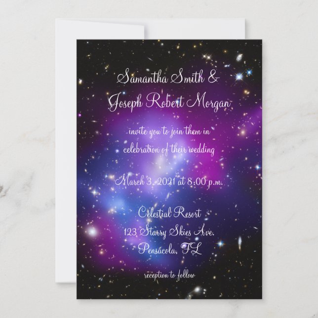 Convites Casamento Celestial Minimalista Preto e Roxo (Frente)