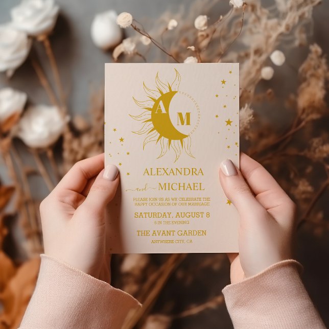 Convites Casamento Celestial Monograma Dourado Vintage (Criador carregado)