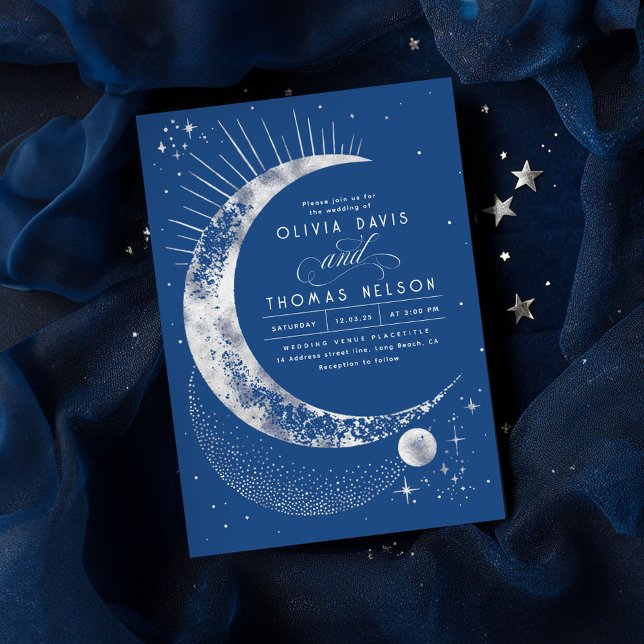 Convites Casamento Celestial Mystical Moon Starry Night Boh (Navy Blue and Silver Celestial Wedding Invitations)