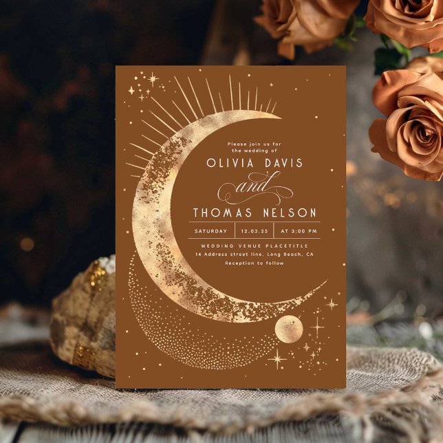 Convites Casamento Celestial Mystical Moon Starry Night Boh (Terracotta Celestial Wedding Invitation)