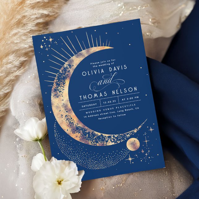 Convites Casamento Celestial Mystical Moon Starry Night Boh (Navy Blue and Gold Stars Wedding Invitation)