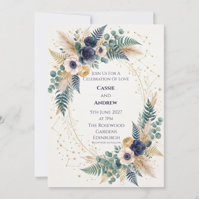 Convites Casamento Celestial Navy Marfim Anêmona Dourado (Frente)