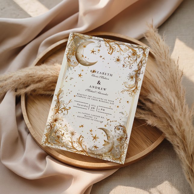 Convites Casamento Celestial Ouro Branco Lua e Estrelas (Criador carregado)