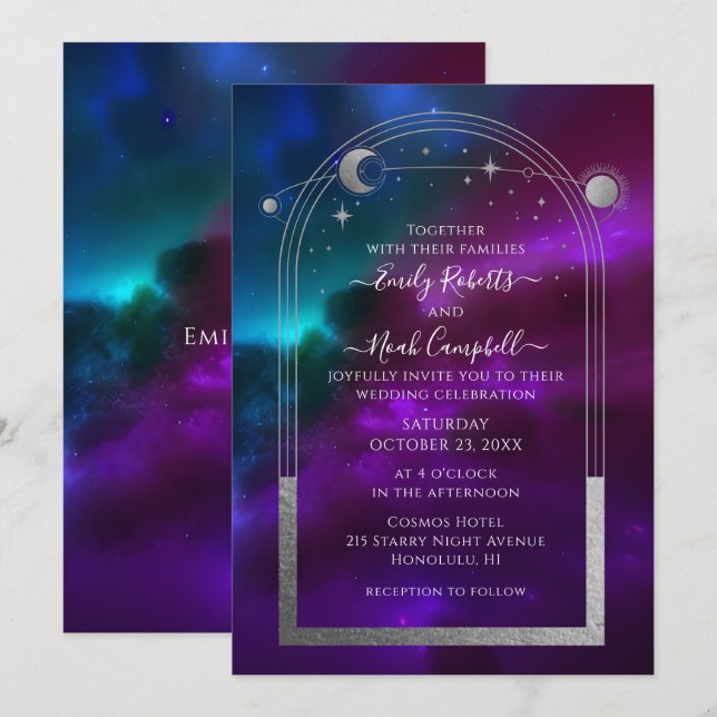 Convites Casamento Celestial Roxo Turquesa Sol Lua Estrelas (Frente/Verso)