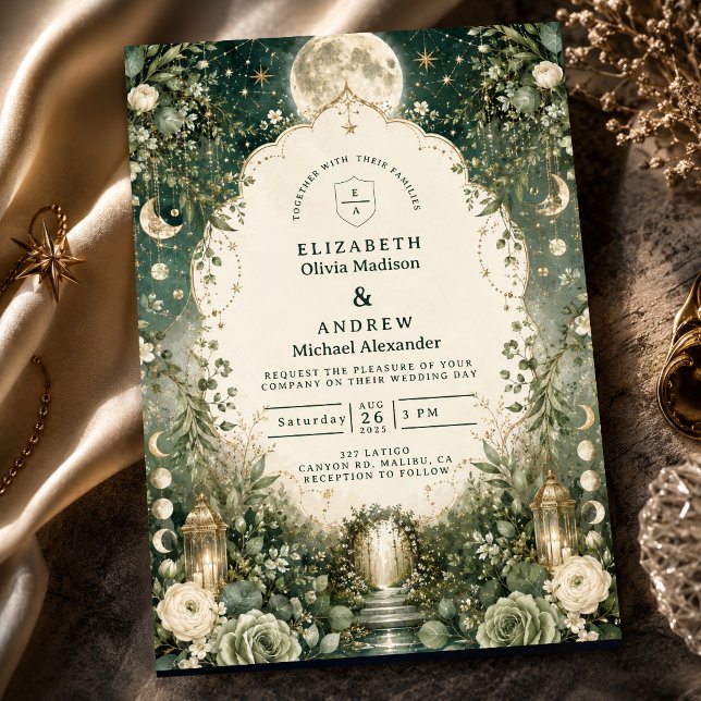 Convites Casamento Celestial Verde Elegante (Criador carregado)