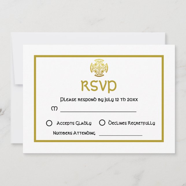 Convites Casamento Celta Falso Ouro Nó Celta Cruz RSVP (Frente)
