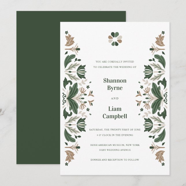 Convites Casamento Celtico com Shamrock Folk Irlandês (Frente/Verso)