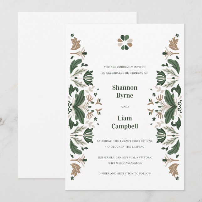 Convites Casamento Celtico com Shamrock Folk Irlandês (Frente/Verso)