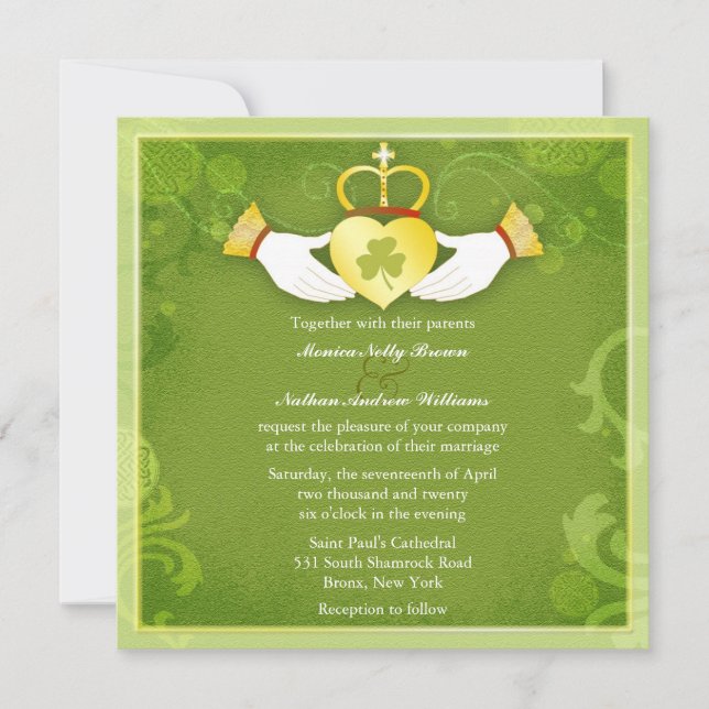 Convites Casamento Céltico Verde-Coração Irlandês Claddagh (Frente)