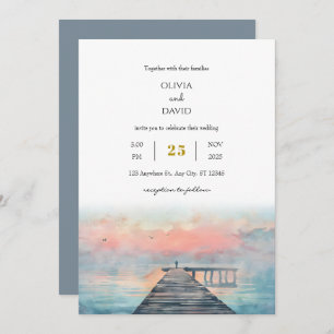 Convites Casamento Cênico Pastel Dawn Pier Art Beach